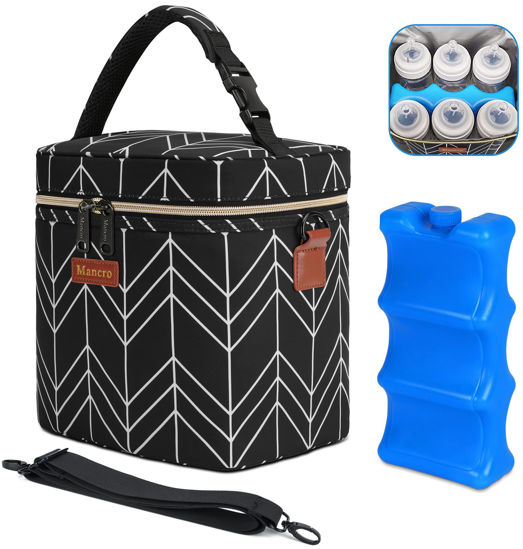 Picture of Mancro Breastmilk Cooler Bag, Insulated with Ice Pack, Fits 6 Baby Bottles Up to 9 Oz with On-The-Go Strap, Perfect for Nursing Moms and Daycare, Black Wave