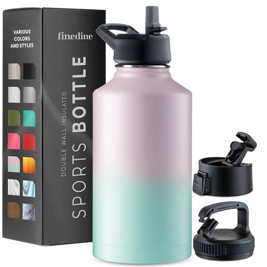 Picture of FineDine Insulated Water Bottles with Straw - 64 Oz Stainless Steel Metal Water Bottle W/ 3 Lids - Reusable for Travel, Camping, Bike, Sports - Dreamy Pink-Green