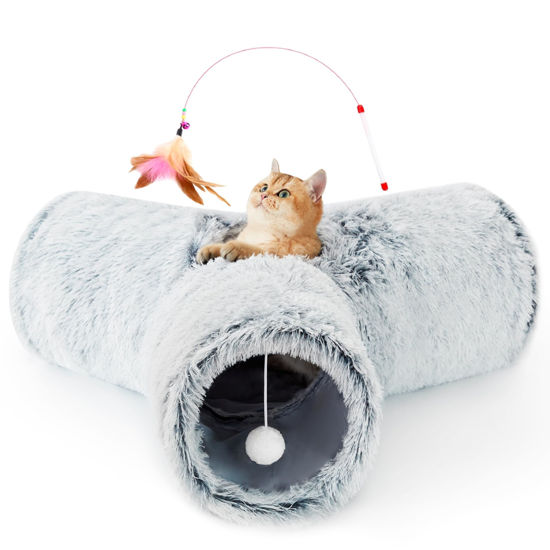 Picture of Tempcore Plush Pet Cat Tunnel Tube Cat Toys 3 Way Collapsible, Cat Tunnels for Indoor Cats，Kitty Tunnel Bored Cat Pet Toys Peek Hole Toy Ball Cat, Puppy, Kitty, Kitten, Rabbit Light Grey