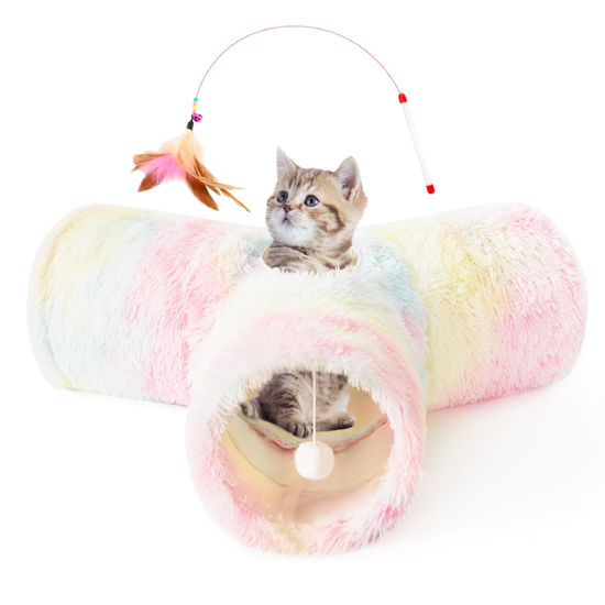 Picture of Tempcore Plush Pet Cat Tunnel Tube Cat Toys 3 Way Collapsible, Cat Tunnels for Indoor Cats，Kitty Tunnel Bored Cat Pet Toys Peek Hole Toy Ball Cat, Puppy, Kitty, Kitten, Rabbit Rainbow