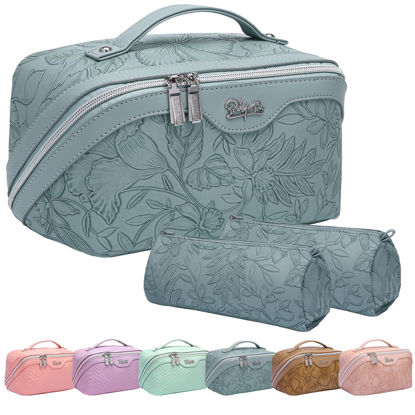 Picture of Travel Makeup Bags Cosmetic Organizer Bag: 3-Set Large Capacity Make up Bag - PU Leather Toiletry Bag for Women - Wide Open Portable Pouch with Divider & Handle 01-Light Blue