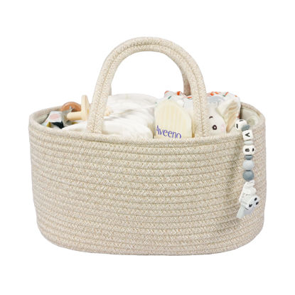 Picture of Baby Diaper Caddy Organizer for Girl Boy Cotton Rope Nursery Storage Bin Basket Portable Holder Tote Bag for Changing Table Car Travel Baby Shower Gifts Newborn Registry Must Have Items oatmeal