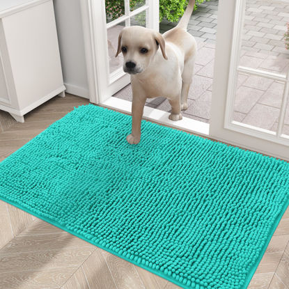 Picture of OLANLY Dog Door Mat for Muddy Paws 30x20, Absorbs Moisture and Dirt, Absorbent Non-Slip Washable Mat, Quick Dry Chenille, Mud Mat for Dogs, Entry Indoor Door Mat for Inside Floor, Teal