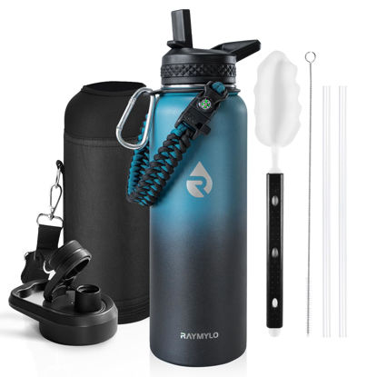 Picture of RAYMYLO Insulated Water Bottle 40 oz, Triple Wall Vacuum Stainless Steel (Cold for 48 Hrs), Leak Proof & Non-BPA, Modern Water Flask Jug with Paracord Handle & Straw Spout Lids, Indigo/Black