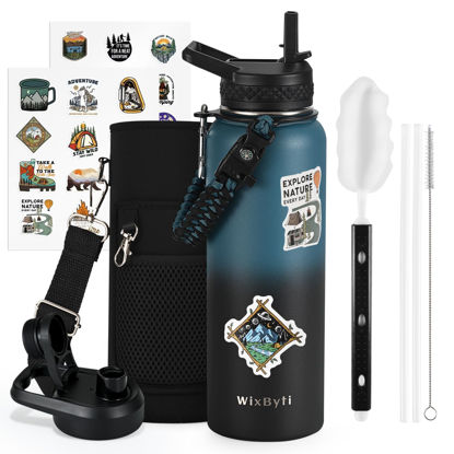 Picture of WixByti 40 oz Insulated Water Bottle with Straw (Cold for 48 Hrs), Stainless Steel Triple Wall Vacuum Sports Water Jug, Leakproof Hydro Cup Flask with Paracord Handle & Straw Spout Lids & DIY Stickers