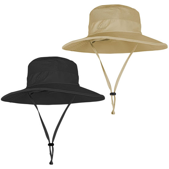 Picture of 2 Pack Sun Hats for Men Women Fishing Hat UPF 50+ Breathable Wide Brim Summer UV Protection Hat Black/Khaki