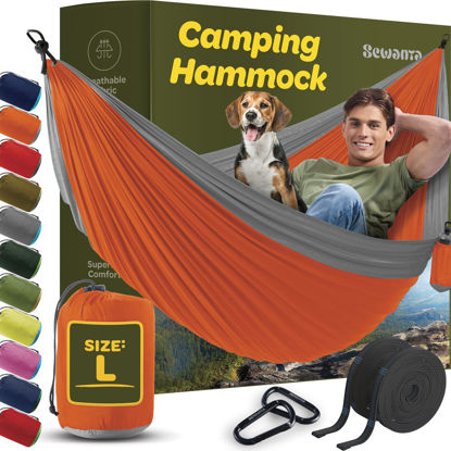 Picture of Durable Hammock 500 lb Capacity, Nylon Camping Hammock Chair - Double or Single Sizes w/Tree Straps and Attached Carry Bag - for Travel/Backpacking/Beach/Backyard (Large, Orange & Light Grey)