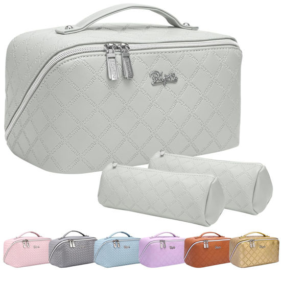 Picture of Travel Makeup Bags Cosmetic Organizer Bag: 3-Set Large Capacity Make up Bag - PU Leather Toiletry Bag for Women - Wide Open Portable Pouch with Divider & Handle 07-Gray