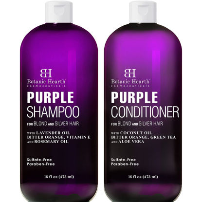 Picture of BOTANIC HEARTH Purple Shampoo and Conditioner Set - for All Shades of Blonde, Silver and Gray Hair - Enhances Highlights - Sulfate Free, Paraben Free, 16 fl oz each