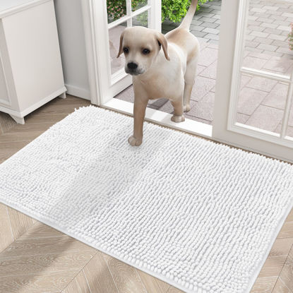 Picture of OLANLY Dog Door Mat for Muddy Paws 30x20, Absorbs Moisture and Dirt, Absorbent Non-Slip Washable Mat, Quick Dry Chenille, Mud Mat for Dogs, Entry Indoor Door Mat for Inside Floor, White