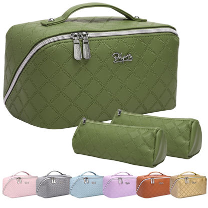 Picture of Travel Makeup Bags Cosmetic Organizer Bag: 3-Set Large Capacity Make up Bag - PU Leather Toiletry Bag for Women - Wide Open Portable Pouch with Divider & Handle 07-Green-1