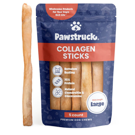 Picture of Pawstruck Natural Large 12" Beef Collagen Sticks for Dogs - Healthy Long Lasting Alternative to Traditional Rawhide - High Protein Treats w/Chondroitin & Glucosamine - 5 Count - Packaging May Vary