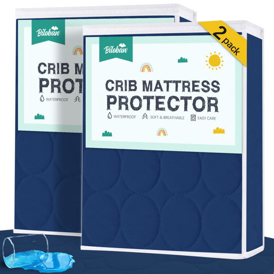 Picture of Biloban Navy Blue Crib Mattress Protector 2 Pack, Waterproof, Quilted, Absorbent, Noiseless, Durable Mattress Cover, Perfect Fit for Toddler Bed