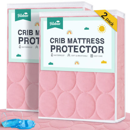 Picture of Biloban Crib Mattress Protector 2 Pack, Waterproof, Quilted, Absorbent, Noiseless, 52" x 28" Pink