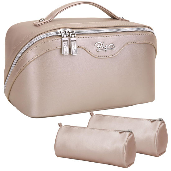 Picture of Travel Makeup Bag for Women Organizer: 3 Set Large Capacity Cosmetic Bags - Toiletry Bag with Divider 09-Champagne Gold