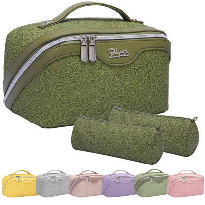 Picture of Travel Makeup Bag for Women Organizer: 3 Set Large Capacity Cosmetic Bags - Toiletry Bag with Divider 06-Olive Green