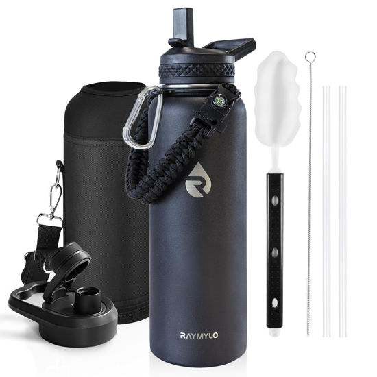 Picture of RAYMYLO Insulated Water Bottle 40 oz, Triple Wall Vacuum Stainless Steel (Cold for 48 Hrs), Leak Proof & Non-BPA, Modern Water Flask Jug with Paracord Handle & Straw Spout Lids, Magic Black