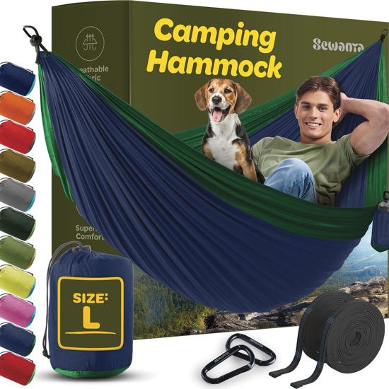 Picture of Durable Hammock 500 lb Capacity, Nylon Camping Hammock Chair - Double or Single Sizes w/Tree Straps and Attached Carry Bag - for Travel/Backpacking/Beach/Backyard (Large, Dark Blue & Forest Green)