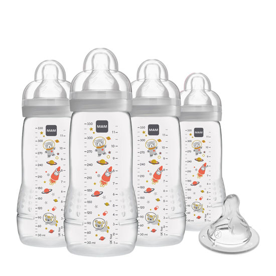 Picture of MAM Easy Active Baby Bottle 11 oz with Bonus Nipple, Fast Flow Skinsoft Silicone Nipple with Wide Neck Ergonomic Design, Easy to Hold, BPA-Free Bottles with Leak-Proof Caps for 4+ Months Baby, Unisex