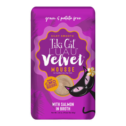 Picture of Tiki Cat Luau Velvet Mousse, Salmon in Broth, Complete Nutrition for Balanced Diet, Wet Cat Food For All Life Stages, 2.8 oz. Pouch (Pack of 12)