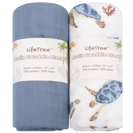 Picture of LifeTree Muslin Swaddle Blankets Neutral, Baby Swaddling Wrap Nursery Receiving Blanket for Boys & Girls, Soft 70% Viscose from Bamboo and 30% Cotton, Large 47 x 47 inches, Sea Turtle & Solid Colors