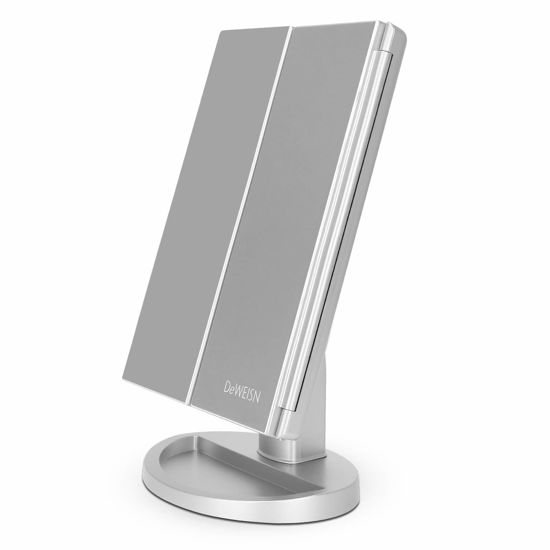 Picture of deweisn Tri-Fold Lighted Vanity Tabletop Mount Mirror with 21 LED Lights, Touch Screen and 3X/2X/1X Magnification, Two Power Supply Modes Make Up Mirror,Travel Mirror 10.83" H x 6.3" W