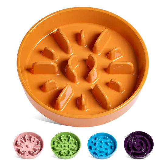 Picture of LE TAUCI Dog Bowls Slow Feeder Ceramic, 1.5 Cups Slow Feeding Dog Bowl Small Medium Breed, Puppy Slow Feeder Bowl for Fast Eaters, Dog Dishes to Slow Down Eating, Dog Maze Bowl,Sun Orange