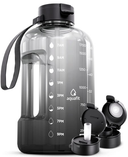 Picture of AQUAFIT 64 oz Water Bottle with Time Marker - Straw & Chug Lid - BPA Free Half Gallon Water Bottle, Big Water Bottle with Straw, Gym Water Bottle with Handle, Gallon Water Jug (Midnight Gray, 64 oz)