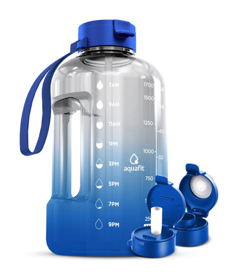 Picture of AQUAFIT 64 oz Water Bottle with Time Marker - Straw & Chug Lid - BPA Free Half Gallon Water Bottle, Big Water Bottle with Straw, Gym Water Bottle with Handle, Gallon Water Jug (Blue Skies, 64 oz)