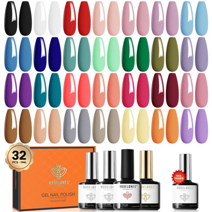 Picture of Modelones 32 PCS Gel Nail Polish Set, 28 Colors Fall Winter Gel Polish with No Wipe Base, Glossy & Matte Top Coat and Nail Primer Black Brown Red Purple Gifts for Women DIY Salon Home