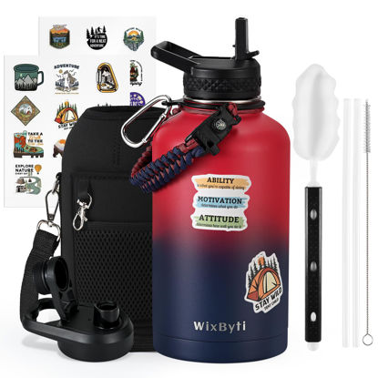 Picture of WixByti 64 oz Insulated Water Bottle with Straw (Cold for 48 Hrs), Half Gallon Stainless Steel Triple Wall Vacuum Sports Water Jug, Leakproof Hydro Cup Flask with Straw Spout Lids & DIY Stickers