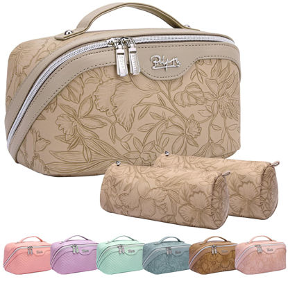 Picture of Travel Makeup Bags Cosmetic Organizer Bag: 3-Set Large Capacity Make up Bag - PU Leather Toiletry Bag for Women - Wide Open Portable Pouch with Divider & Handle 02-Light Brown