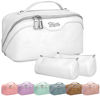 Picture of Travel Makeup Bags Cosmetic Organizer Bag: 3-Set Large Capacity Make up Bag - PU Leather Toiletry Bag for Women - Wide Open Portable Pouch with Divider & Handle 02-White