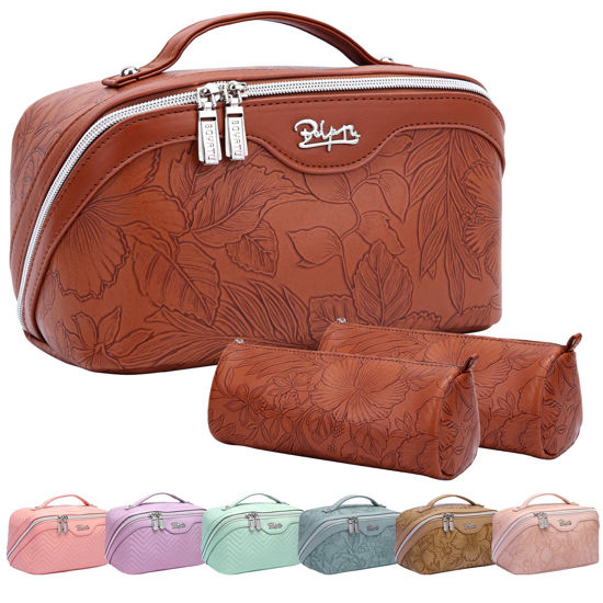 Picture of Travel Makeup Bags Cosmetic Organizer Bag: 3-Set Large Capacity Make up Bag - PU Leather Toiletry Bag for Women - Wide Open Portable Pouch with Divider & Handle 02-Dark Brown