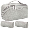 Picture of Travel Makeup Bags Cosmetic Organizer Bag: 3-Set Large Capacity Make up Bag - PU Leather Toiletry Bag for Women - Wide Open Portable Pouch with Divider & Handle 03-Light Gray