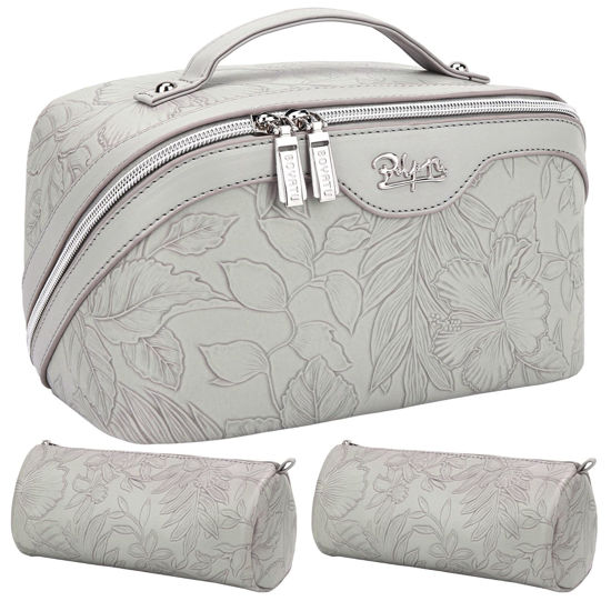 Picture of Travel Makeup Bags Cosmetic Organizer Bag: 3-Set Large Capacity Make up Bag - PU Leather Toiletry Bag for Women - Wide Open Portable Pouch with Divider & Handle 03-Light Gray