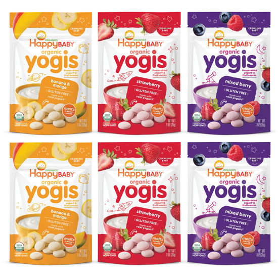 Picture of Happy Baby Organics Baby Snacks, Yogis, Freeze Dried Yogurt & Fruit Snacks, Gluten Free Snack for Babies 9+ Months, 3 Flavor Variety Pack, 1 Ounce (Total Pack of 6)