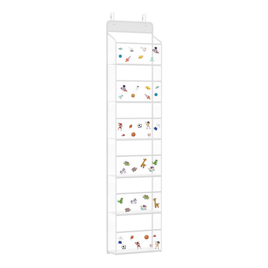 Picture of Univivi Over the Door Organizer Hanging Storage, Closet Door Organizer Baby Storage with 6 Clear Plastic Pockets & 2 Big Metal Hooks & Sticker for Cosmetics, Bathroom, Nursery and Sundries