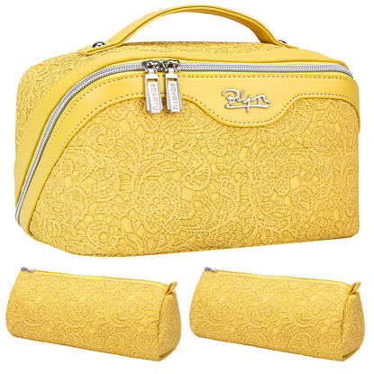 Picture of BOYATU Makeup Bag Travel Cosmetic Case: 3 Set Large Capacity Cosmetic Bag Organizer - Portable Toiletry Bags with Handle for Women 06-Yellow