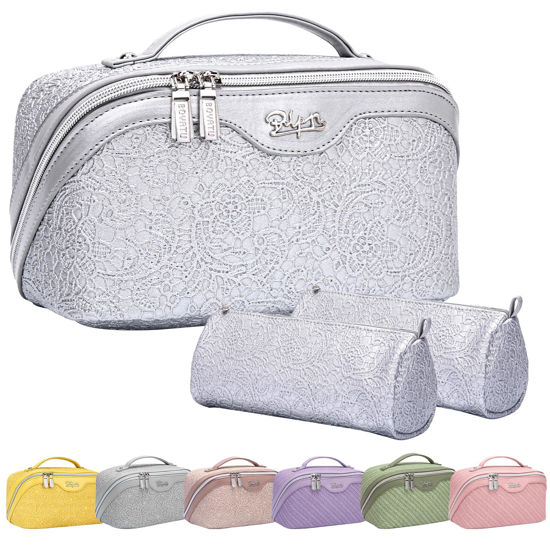 Picture of Travel Makeup Bag for Women Organizer: 3 Set Large Capacity Cosmetic Bags - Toiletry Bag with Divider 06-Z-Silver