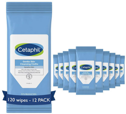 Picture of Cetaphil Face And Body Wipes, Gentle Skin Cleansing Cloths, For Dry, Sensitive Skin, Flip Top Closure, Great For The Gym, Hypoallergenic, Fragrance Free, 10 Count (Pack Of 12)