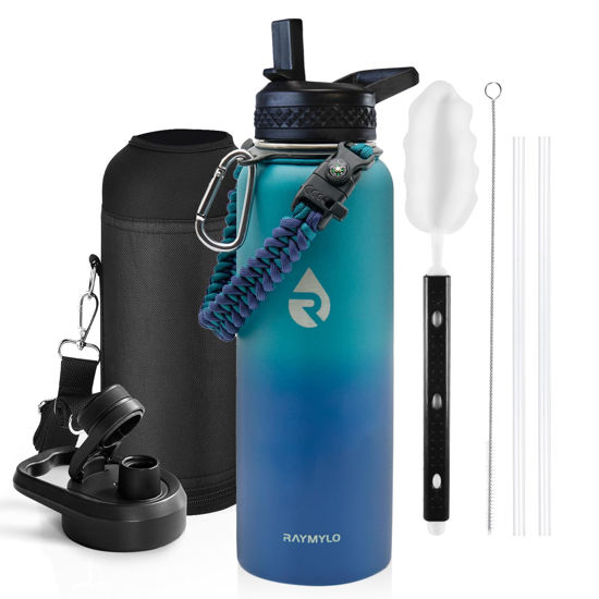 Picture of RAYMYLO Insulated Water Bottle 40 oz, Triple Wall Vacuum Stainless Steel (Cold for 48 Hrs), Leak Proof & Non-BPA, Modern Water Flask Jug with Paracord Handle & Straw Spout Lids, Cyan Blue