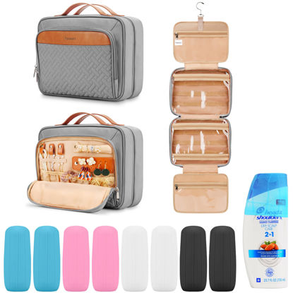 Picture of Travel Hanging Toiletry Bag for Women and Men, with 8 Leak Proofing Silicone Bottle Covers, Waterproof Makeup Accessories, Cosmetic Essentials, Toiletries Dopp Kit Set with Jewelry Organizer, Grey