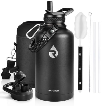 Picture of RAYMYLO Insulated Water Bottle 64 oz, Triple Wall Vacuum Stainless Steel (Cold for 48 Hrs), Leak Proof & Non-BPA, Half Gallon Water Flask Jug with Paracord Handle & Straw Spout Lids, Magic Black