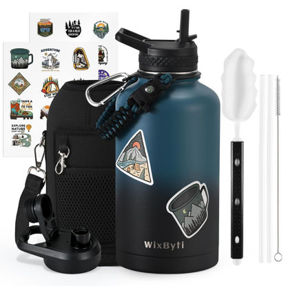 Picture of WixByti 64 oz Insulated Water Bottle with Straw (Cold for 48 Hrs), Half Gallon Stainless Steel Triple Wall Vacuum Sports Water Jug, Leakproof Hydro Cup Flask with Straw Spout Lids & DIY Stickers