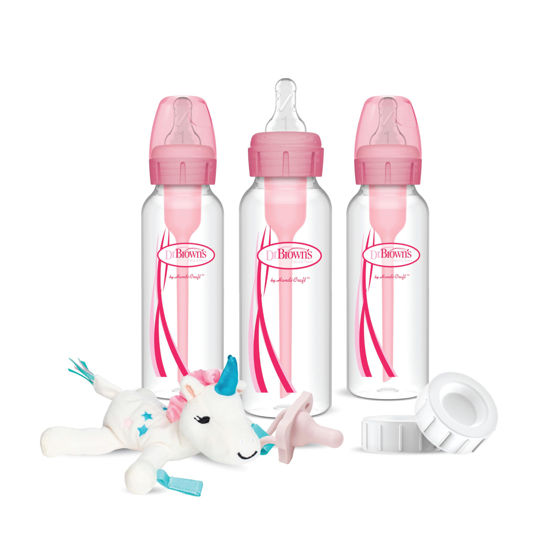 Picture of Dr. Brown's Natural Flow Anti-Colic Options+Narrow 8oz/250mL Baby Bottle + Lovey Gift Set with Level 1 Slow Flow Nipples, Pink