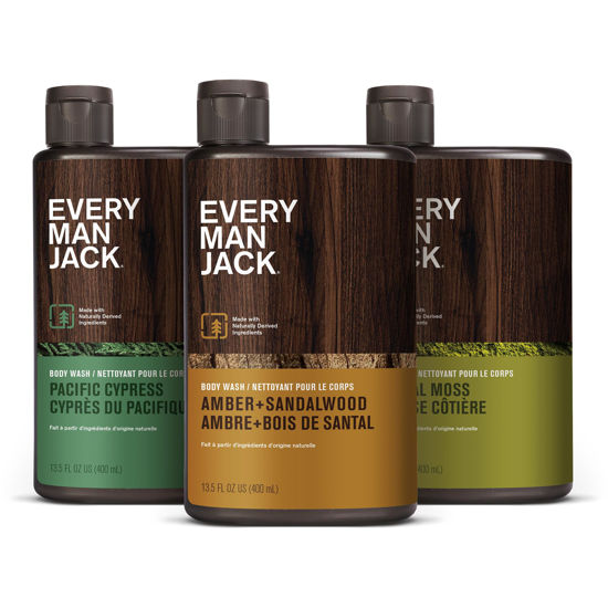 Picture of Every Man Jack Hydrating Mens Body Wash - Cleanse, Nourish, and Hydrate Skin with Naturally Derived Ingredients - Paraben Free - Amber + Sandalwood, Pacific Cypress and Coastal Moss - 3pk