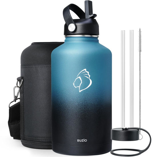 Picture of BUZIO Insulated Water Bottle with Straw Lid and Flex Cap, 64oz Double Wall Vacuum Stainless Steel Water Thermo Wide Mouth Lid, Cold for 48 Hrs Or Hot for 24 Hrs Sweat Proof Flask, Indigo Crush