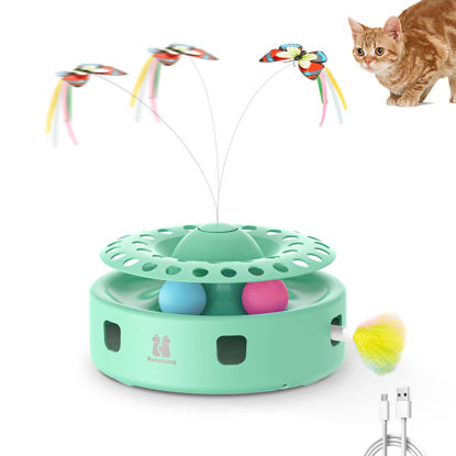 Picture of Potaroma Cat Toys 3-in-1 Automatic Interactive Kitten Toy, Fluttering Butterfly, Random Moving Ambush Feather, Track Balls, Dual Power Supplies, USB Powered, Indoor Exercise Cat Kicker (Green)