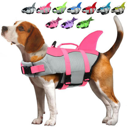 Picture of EMUST Dog Life Jacket Shark, Dog Life Vests for Small, Middle, Large Dogs with Rescue Handle Dog Flotation Vest Safety Lifesaver for Swimming Pool Beach Boating, (S,Pink)